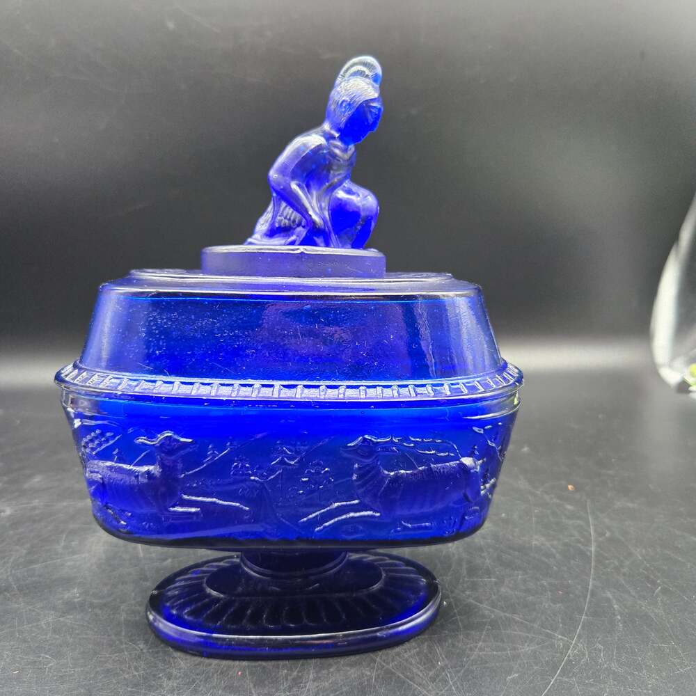 Cobalt Blue Glass Knight Figural Scene Two Wick Candle with Decorative Lid